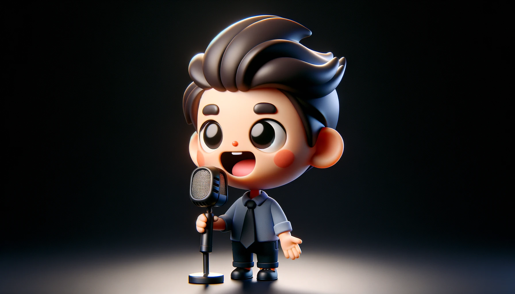 DALL·E 2024-04-01 22.29.08 - A 3D character, designed in a cute and highly creative style reminiscent of the best projects on Behance, stands speaking into a microphone. The backg.webp